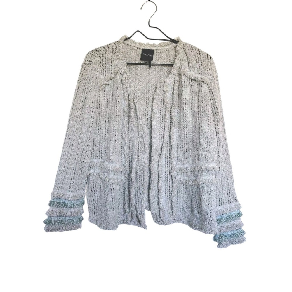 Nic+Zoe Women's Blazer Jacket XL Cardigan Gray Knit‎ Fringe Open Preppy Twee